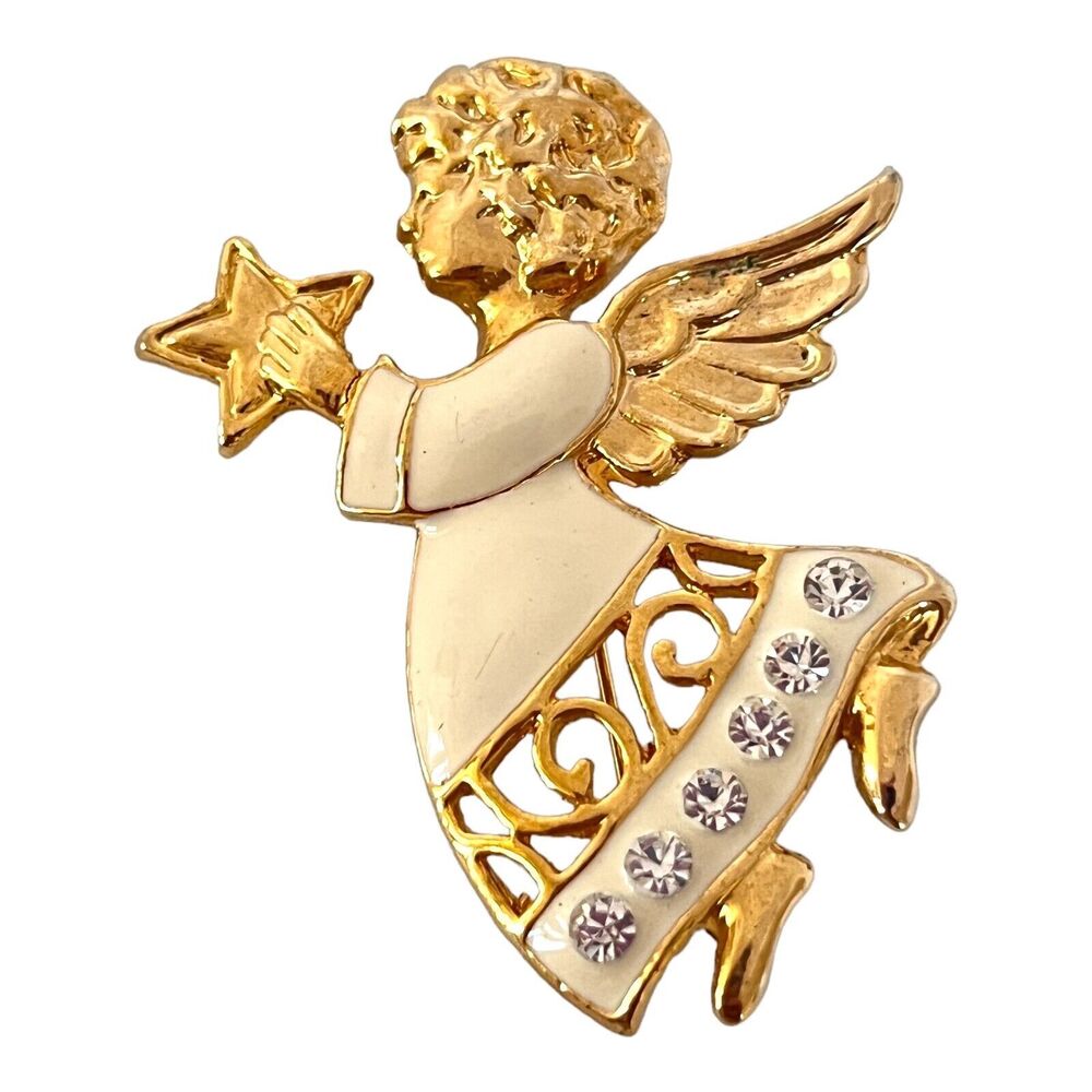 Vintage 1980s Angel Brooch Rhinestone Enamel Gold Tone Christmas Pin - 6B